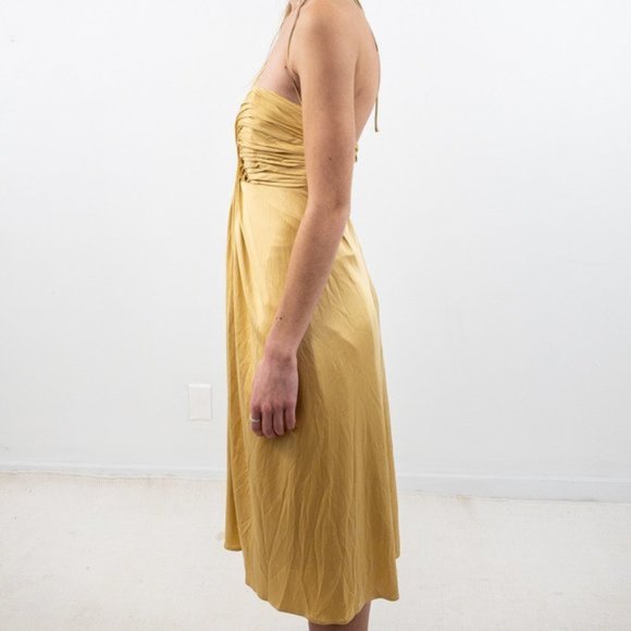 Anthro Y2K XS Silk Ruched Goddess Mini Dress Gold - Picture 5 of 8